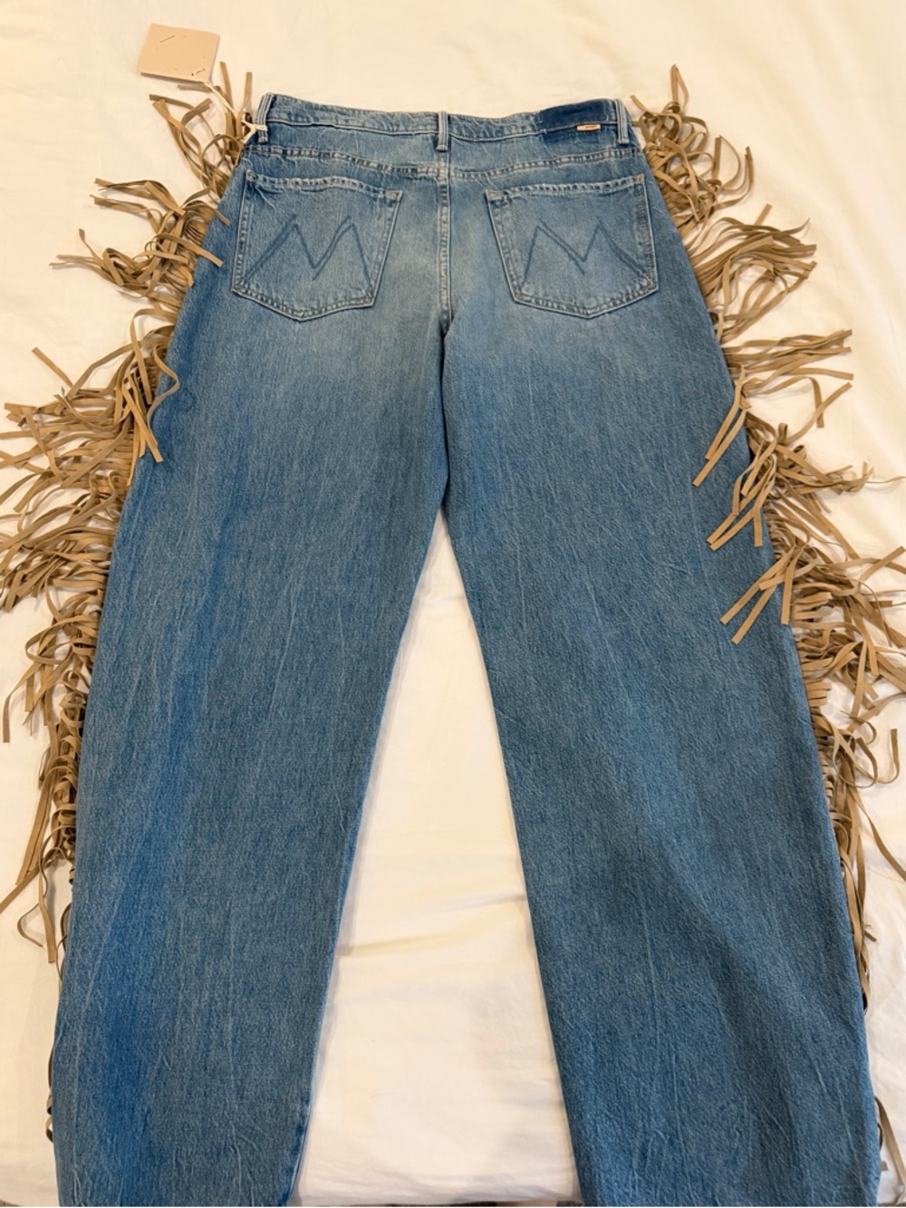 MOTHER Blue Denim Flare Jeans with Tan Fringe - Picture 4 of 10